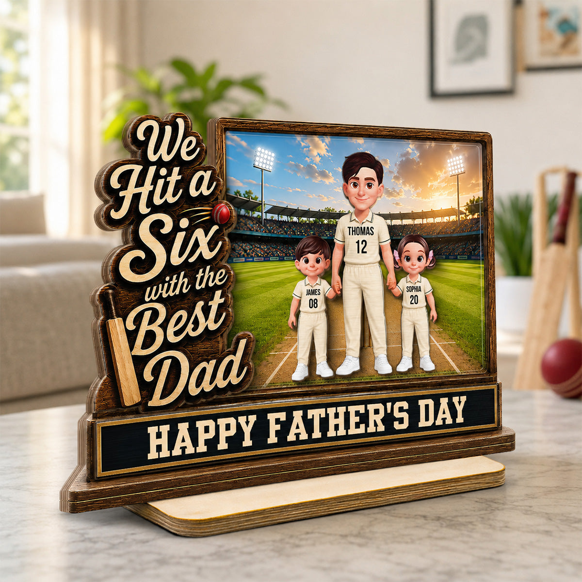 Hit A Six With The Best Dad Cricket Dad & Kids On Field 2D Flat - Personalised 2-Layered Wooden Plaque - Gift For Husband, Dad