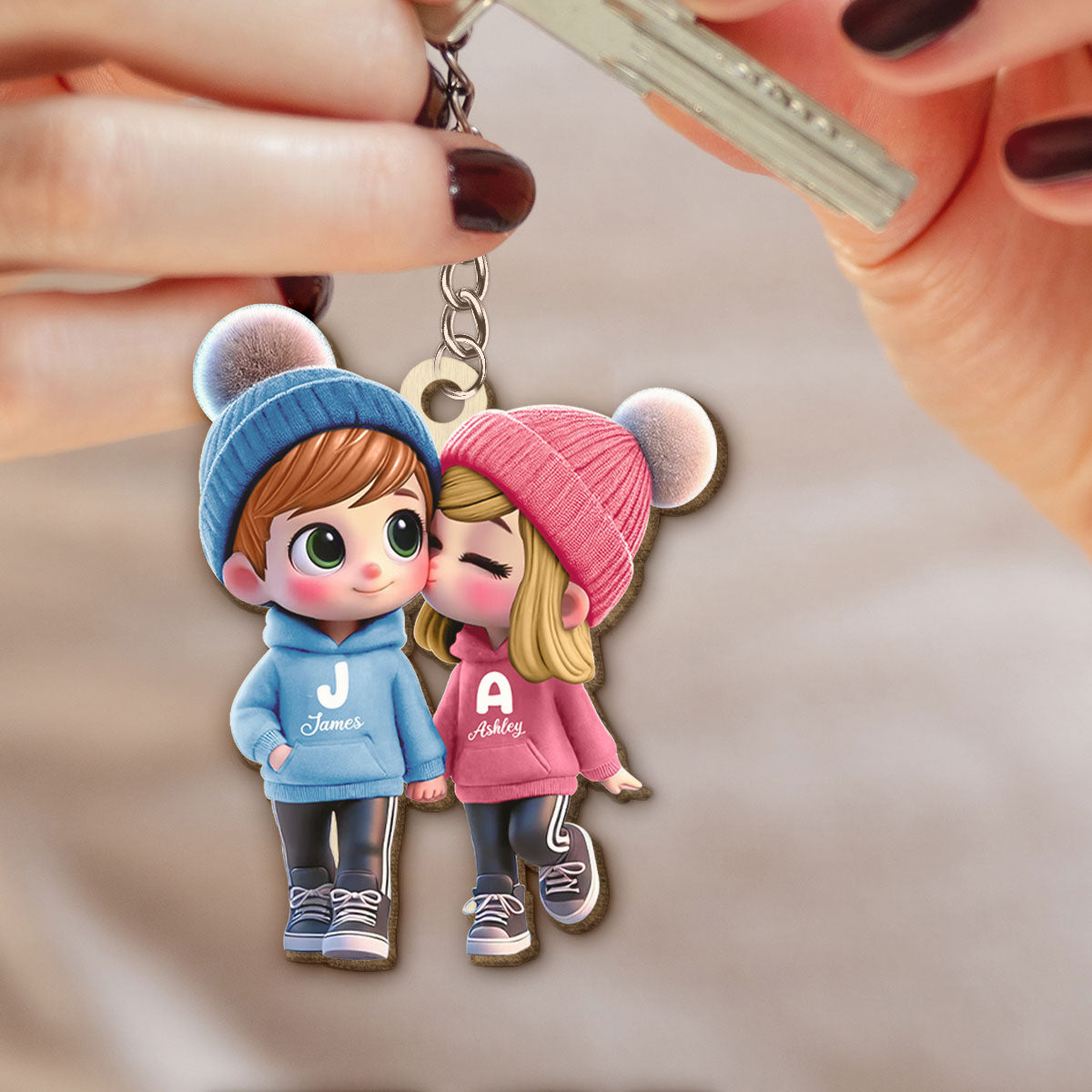 3D Effect Cute Cartoon Couple Walking Personalized Wooden Keychain, Gift for Him, Gift for Her