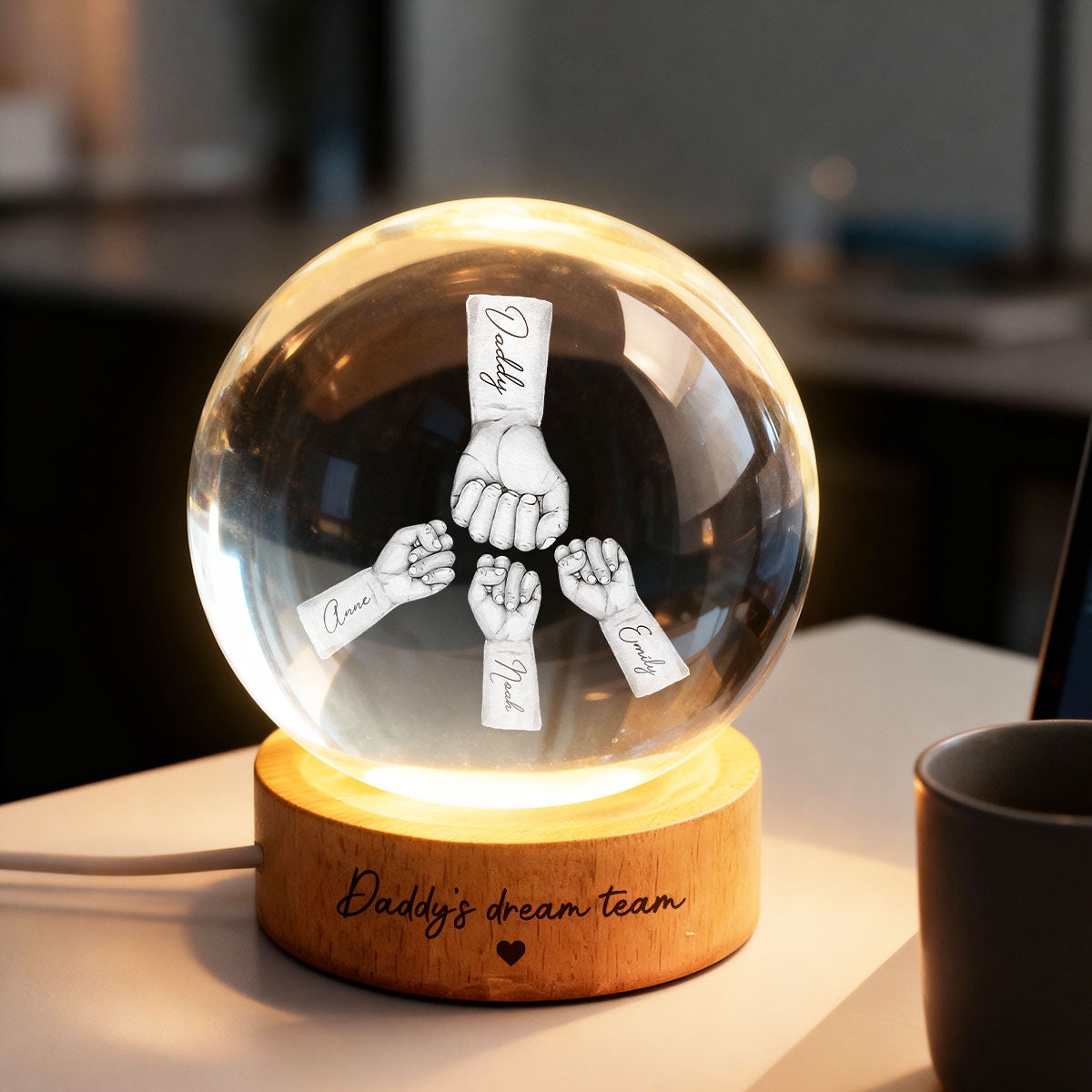 Daddy's Dream Team - Personalized Crystal Ball LED Night Light - Gift for Dad, Husband