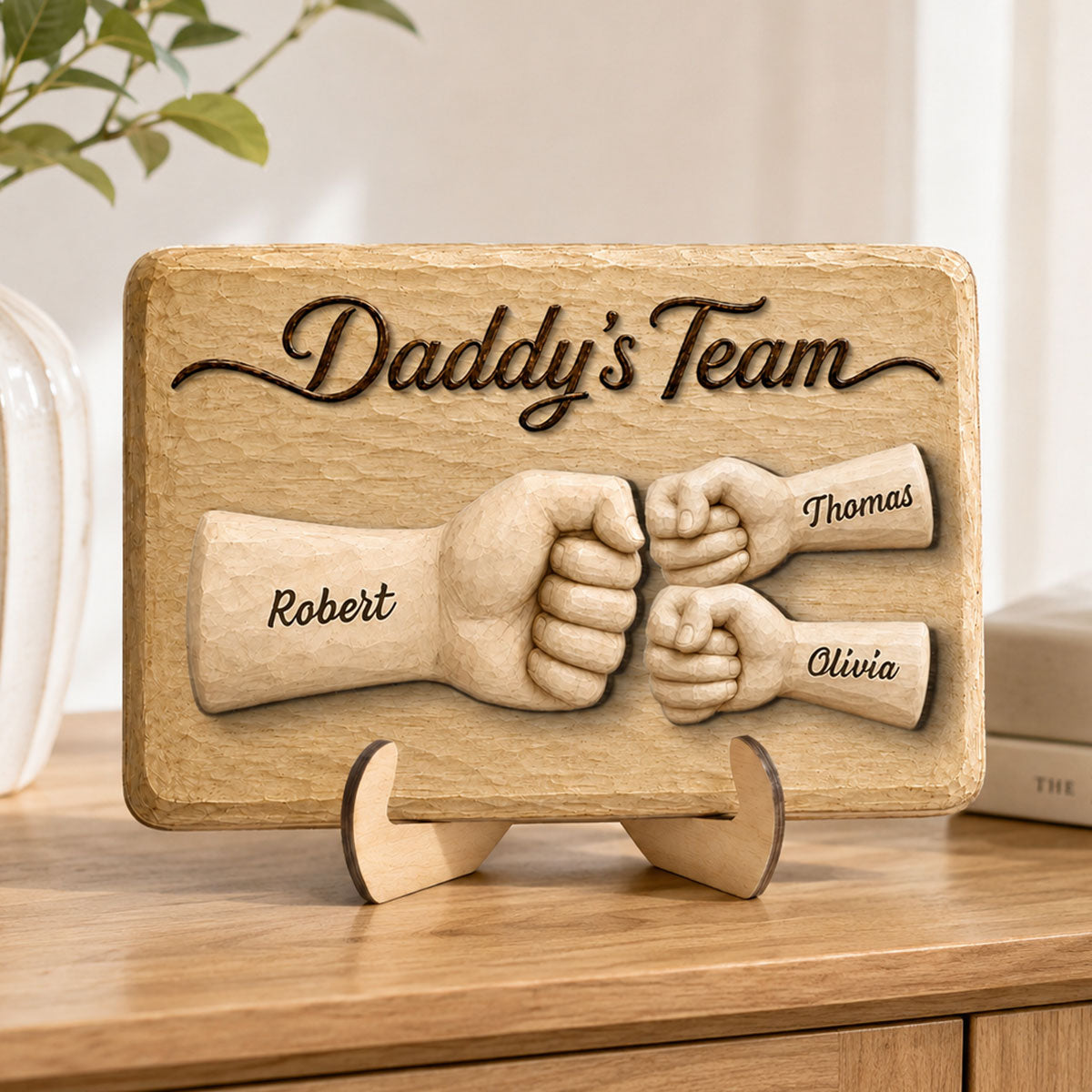 Sentimental Rustic Daddy's Team Fist Bump - Personalized 2-Layered Wooden Plaque - Gift For Dad, Husband