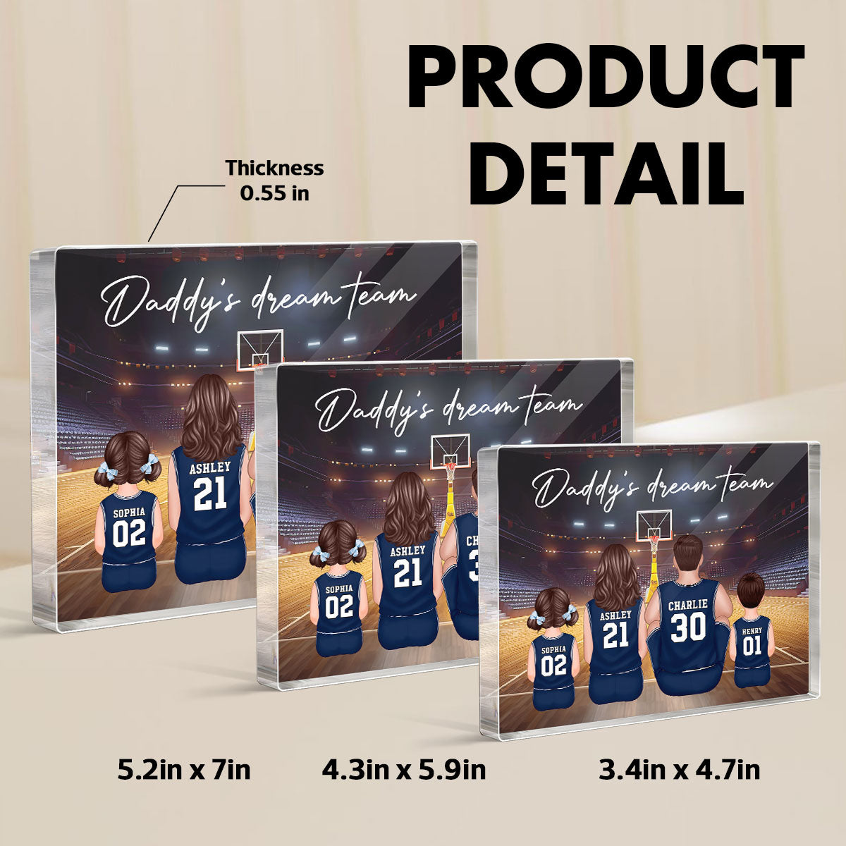 Daddy's Team Basketball Family Sitting Personalized Acrylic Block, Unique Gift for Dad, Gift for Husband