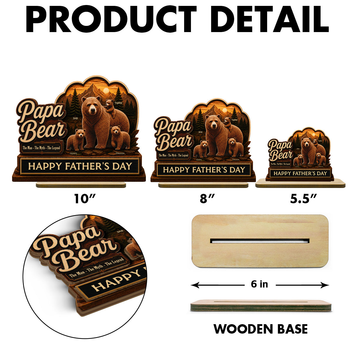 Papa Bear The Man The Myth The Legend 2D Flat - Personalized 2-Layered Wooden Plaque - Gift For Husband, Dad