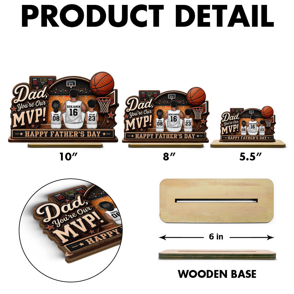 Dad You Are Our MVP Sitting Basketball Man & Kids 2D Flat - Personalized 2-Layered Wooden Plaque - Gift For Basketball Dad