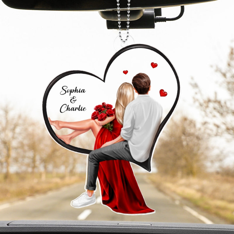 Couple Sitting On Heart Personalized Acrylic Car Hanger, Gift, Anniversary Gift for Couples