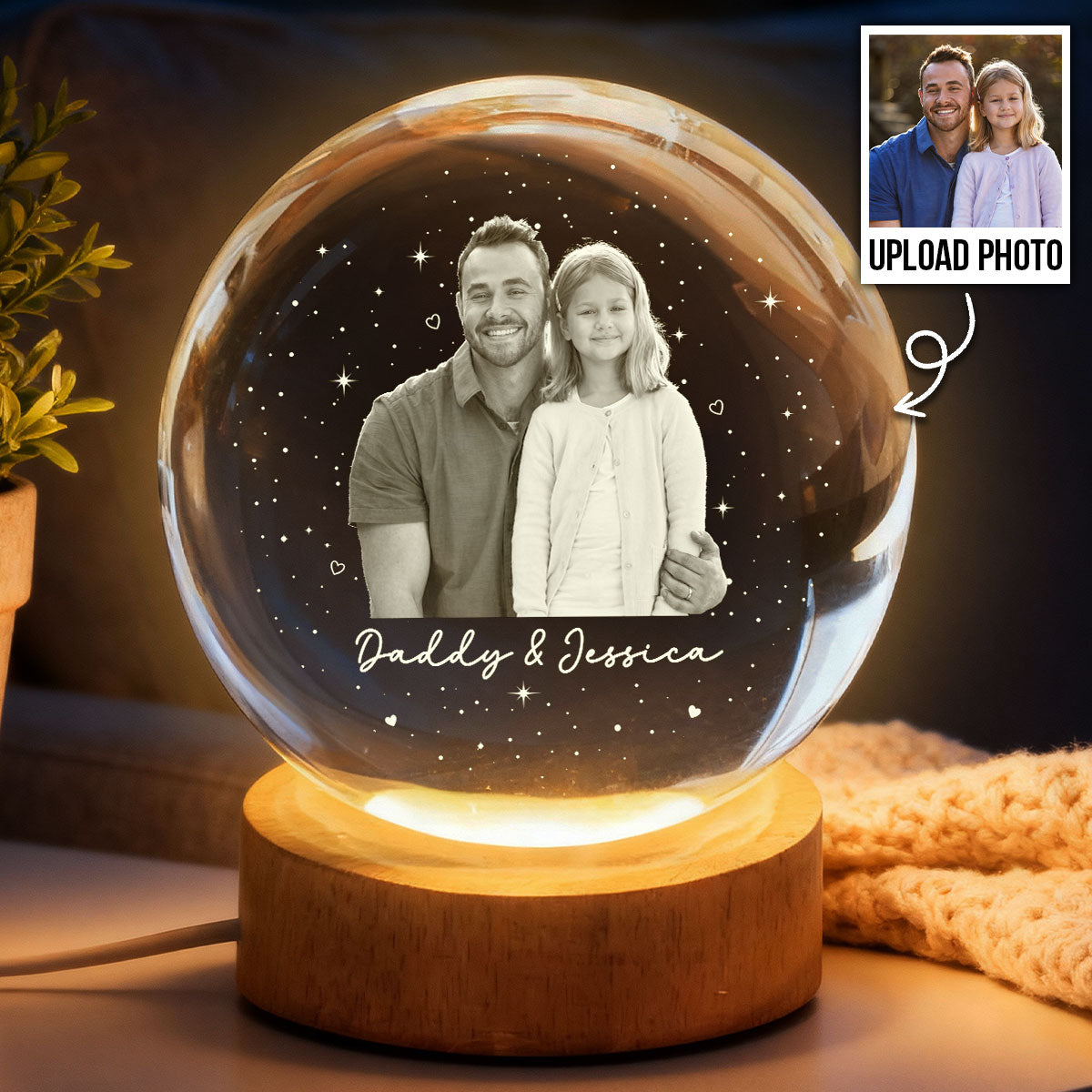 Dad And Kid Custom Upload Photo - Personalized Crystal Ball LED Night Light - Gift For Dad