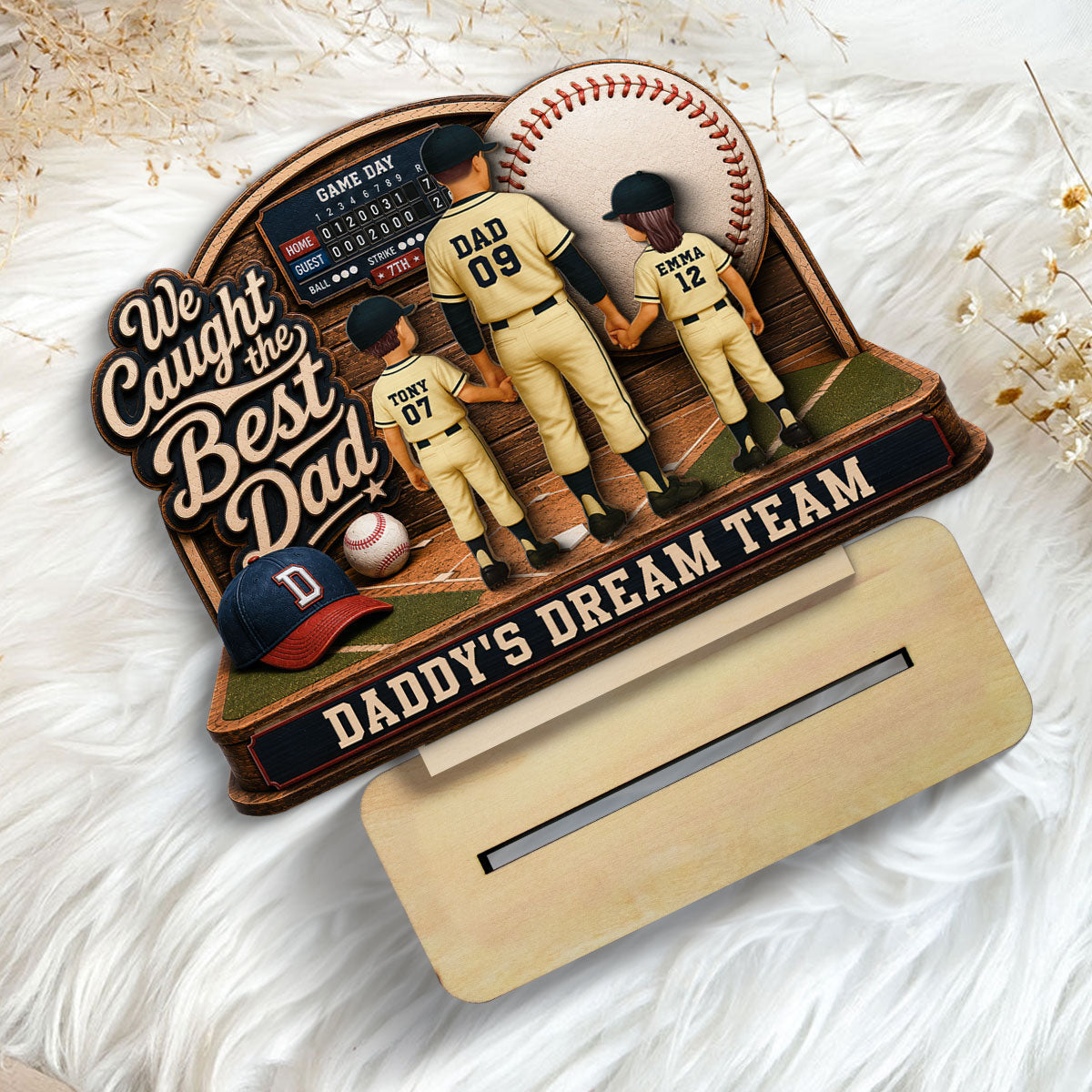 Baseball Things Dad & Kids Back View Standing 2D Flat - Personalized 2-Layered Wooden Plaque - Happy For Baseball Dad