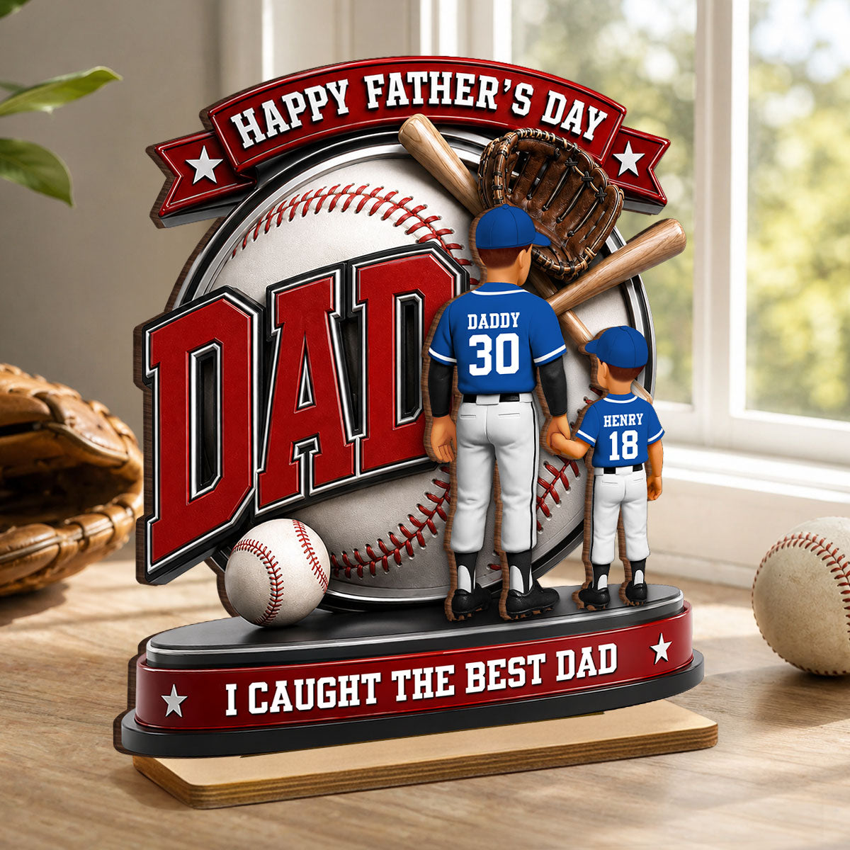 Baseball Dad Home Run Hero - Personalized 2-Layered Wooden Plaque - Gift For Dad, Husband