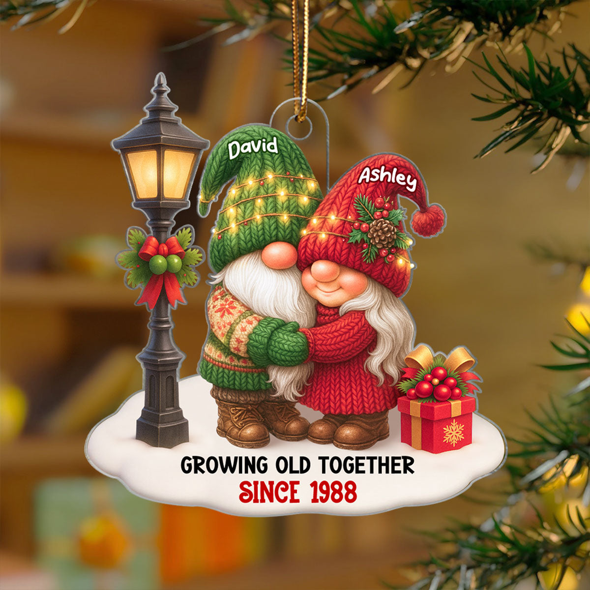 Gnome Christmas Couple Growing Old Together - Personalized Acrylic Ornament - Gift for Him, Gift for Her