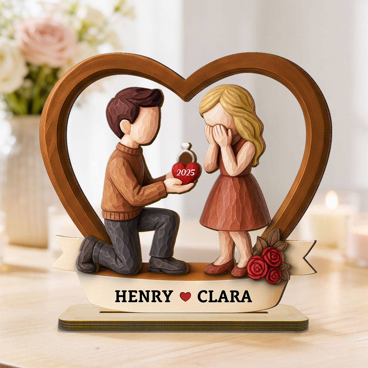 Couple Marriage Proposal 3D Wooden Effect - Personalized Wooden Plaque - Newly Engaged Gift, ""She Said Yes!""