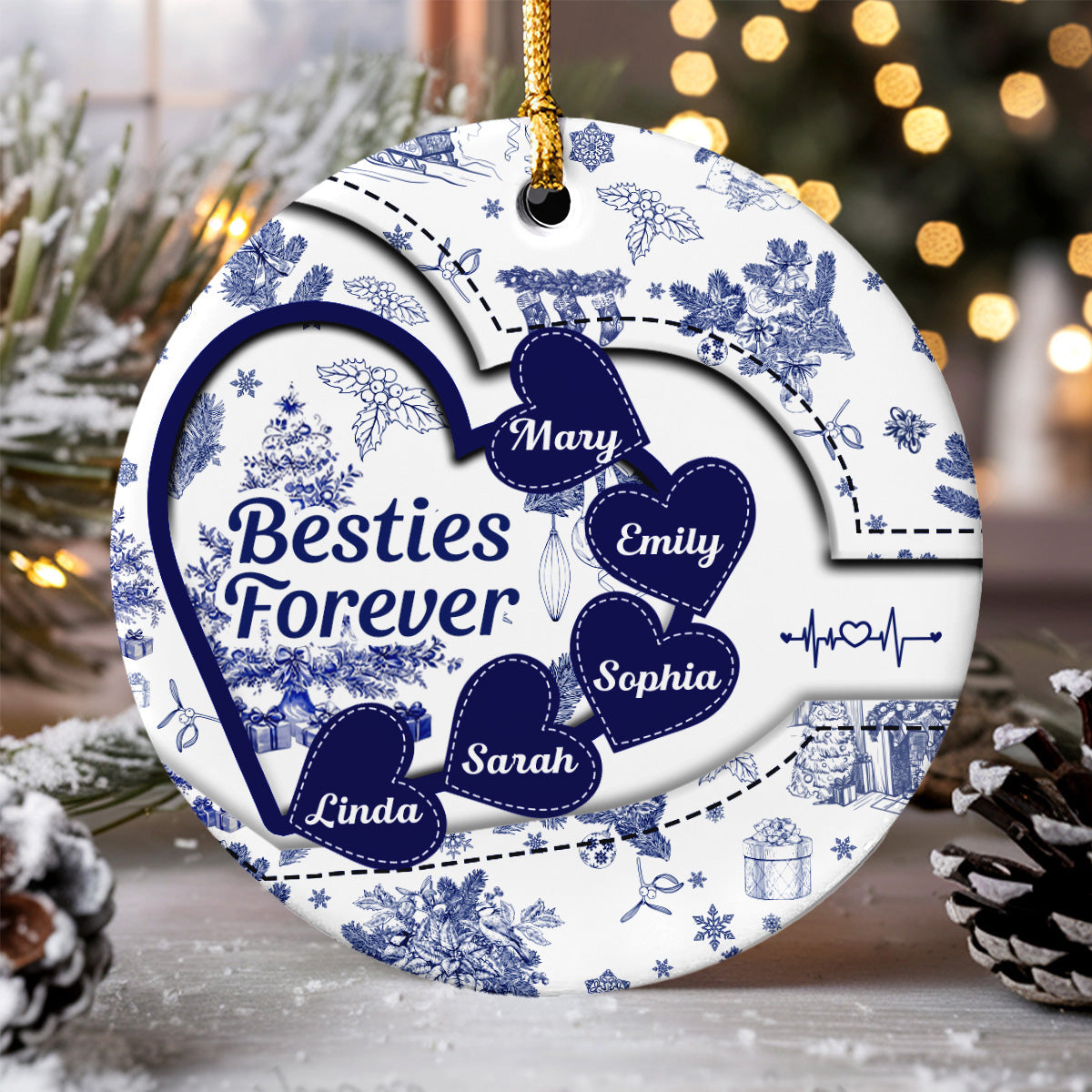 Besties With Hearts Toile De Jouy Style Personalized Circle Ornament