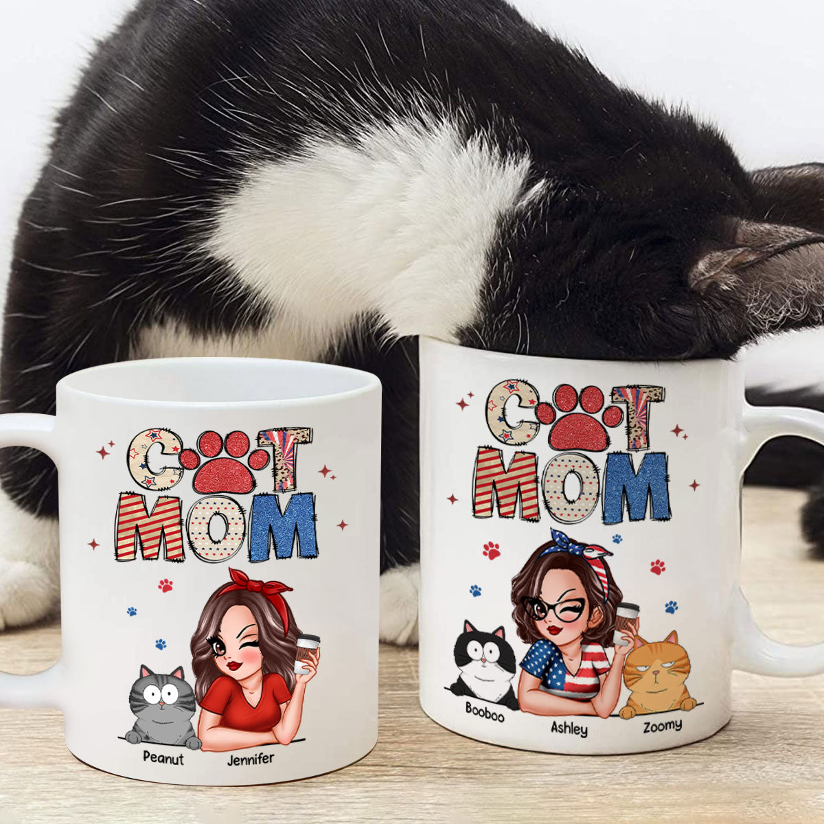 Cat Mom 4th of July America Sparkly Pattern Personalized Mug, Independence Day