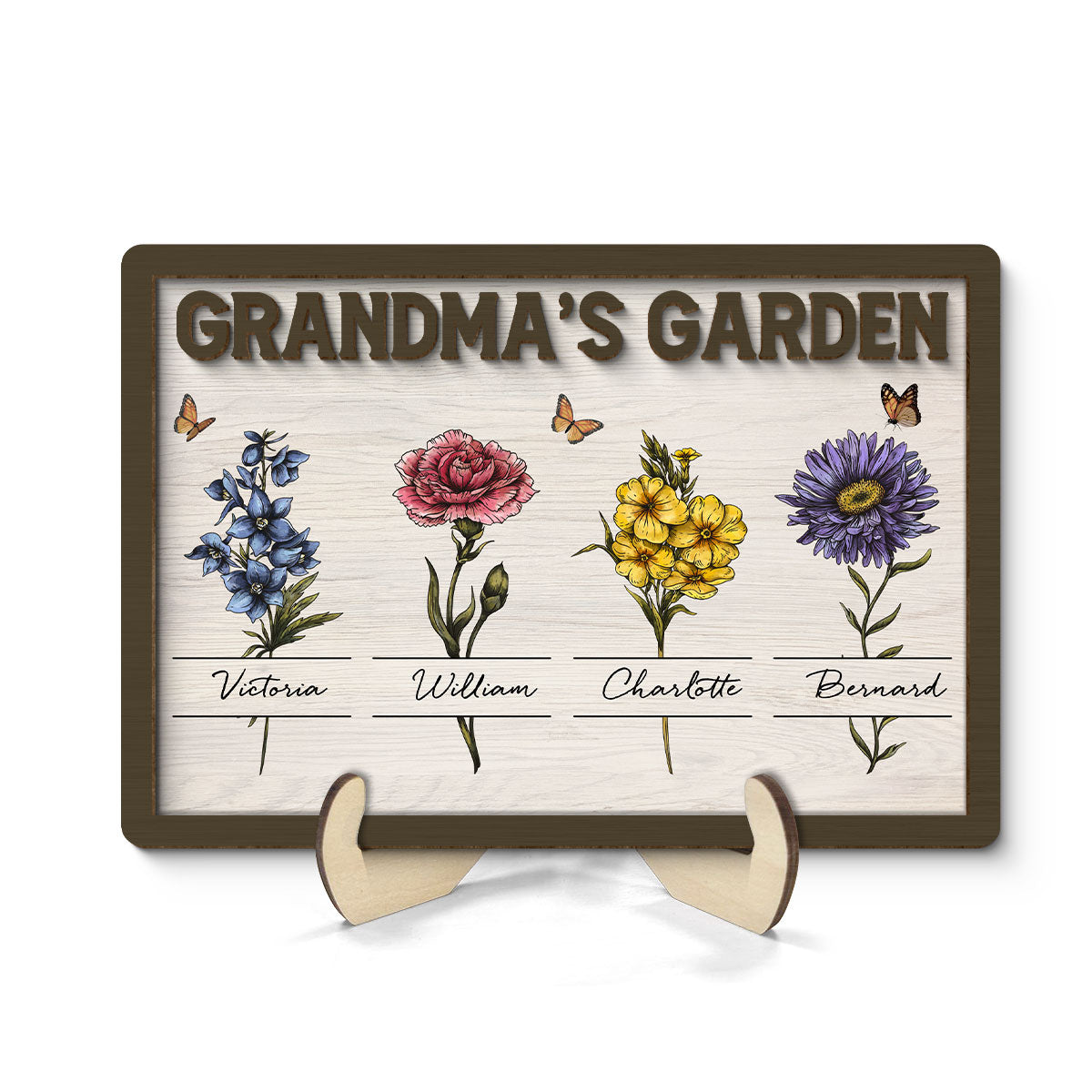 Gift For Grandma Grandma‘s Garden Beautiful Vintage Birth Month Flower With Names Personalized 2-Layer Wooden Plaque