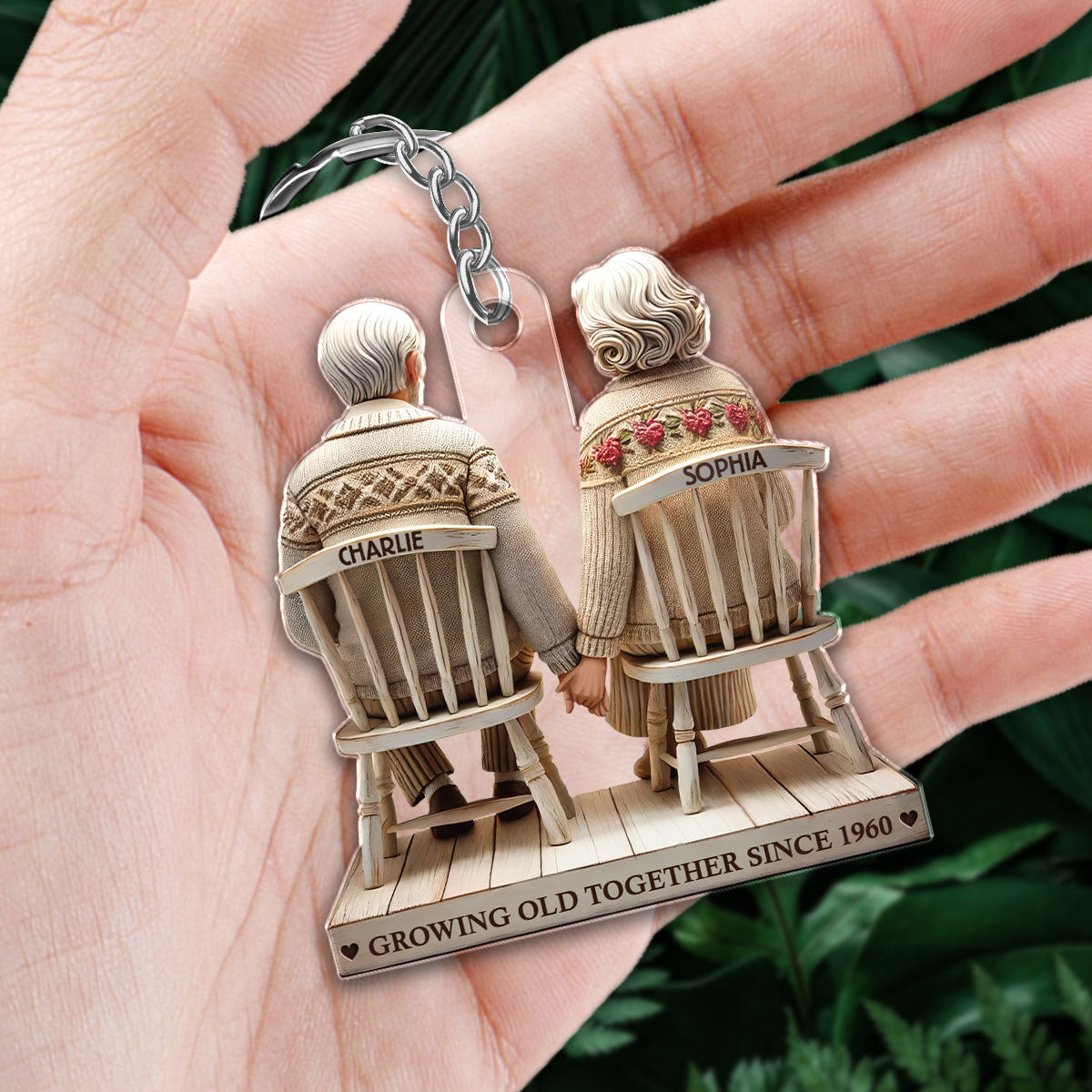 3D Effect Old Couple Holding Hands Sitting Together Personalized Keychain, Heartfelt Gift For Couple, For Him, For Her, Husband, Wife