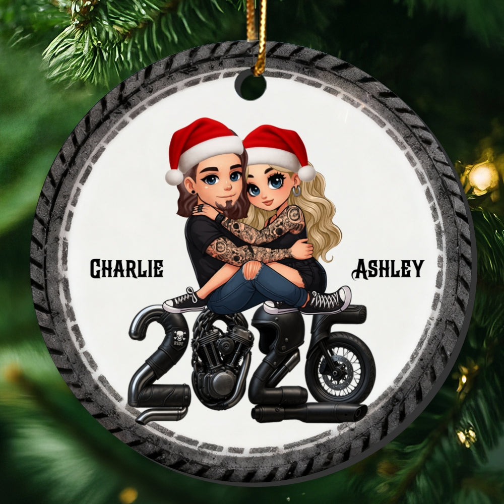 3D Effect Biker Couple Christmas - Personalized Ceramic Ornament - Gift For Bikers, Gift For Him, For Her