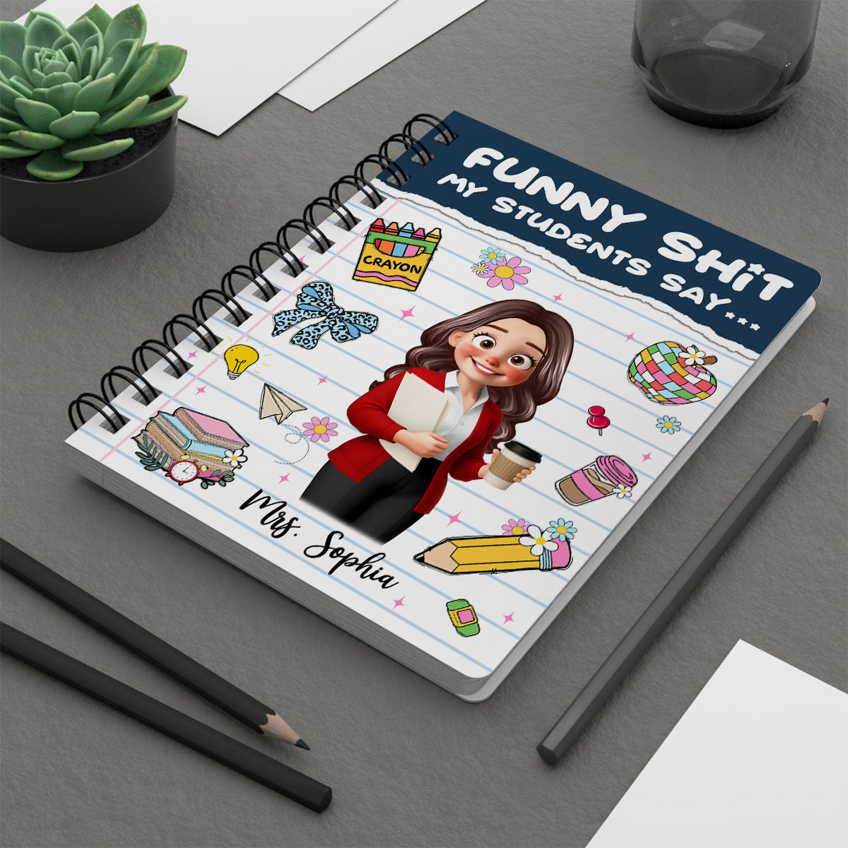 Funny Shit My Students Say Cute Cartoon Teacher Personalized Spiral Notebook Journal