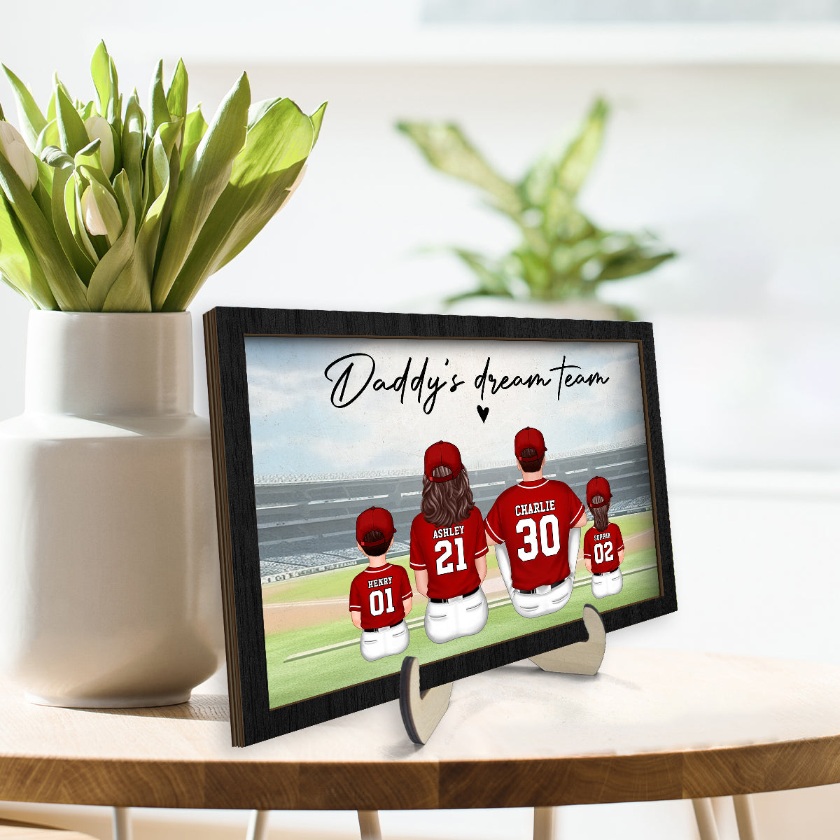 Daddy's Team Baseball Family Sitting Personalized 2-Layer Wooden Plaque,  Gift For Dad, Grandpa, Husband
