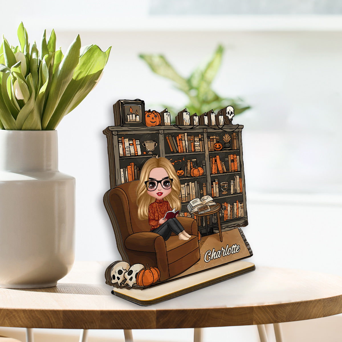 3D Effect Fall Season Girl Reading Book Personalized 2-Layer Standing Wooden Plaque, Gift For Book Lovers