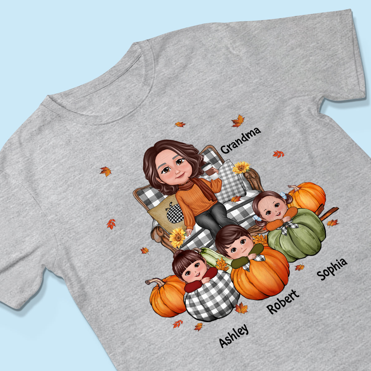 Grandma Sitting On Chair & Kids Pumpkin - Personalized Shirt
