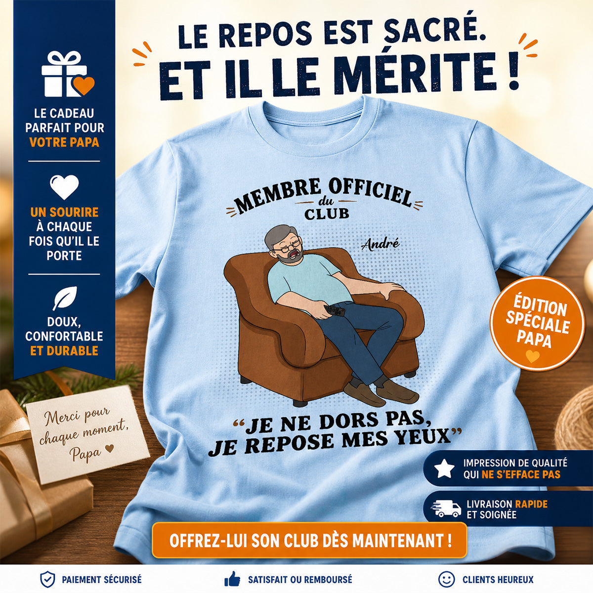Membre du Club ""Je ne dors pas, je repose mes yeux"" – T-shirt Personnalis – Cadeau Rigolo fte des pres pour Papa & Papy