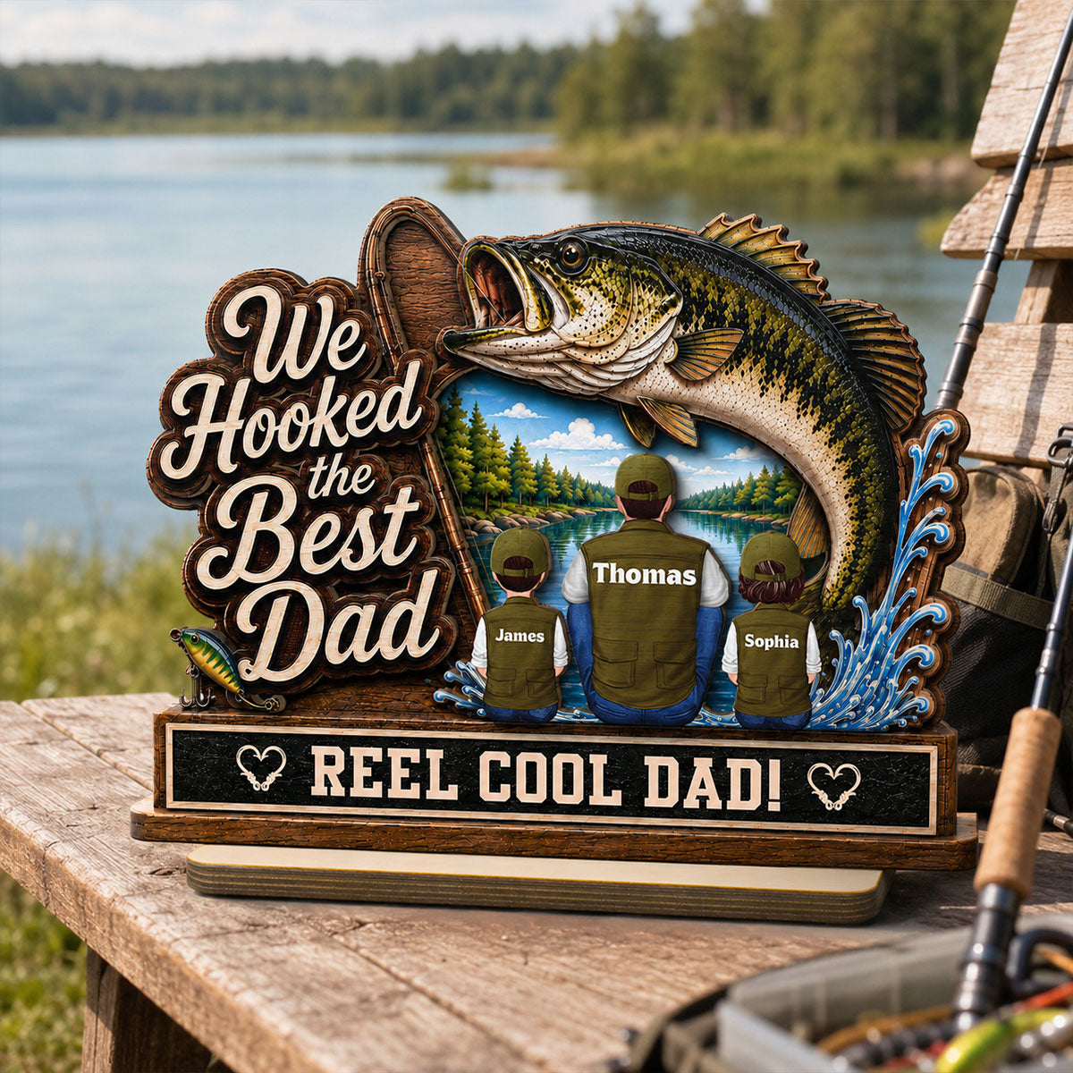 We Hooked The Best Dad Grandpa Back View 2D Flat - Personalized 2-Layered Wooden Plaque -  Gift For Fishing Lovers