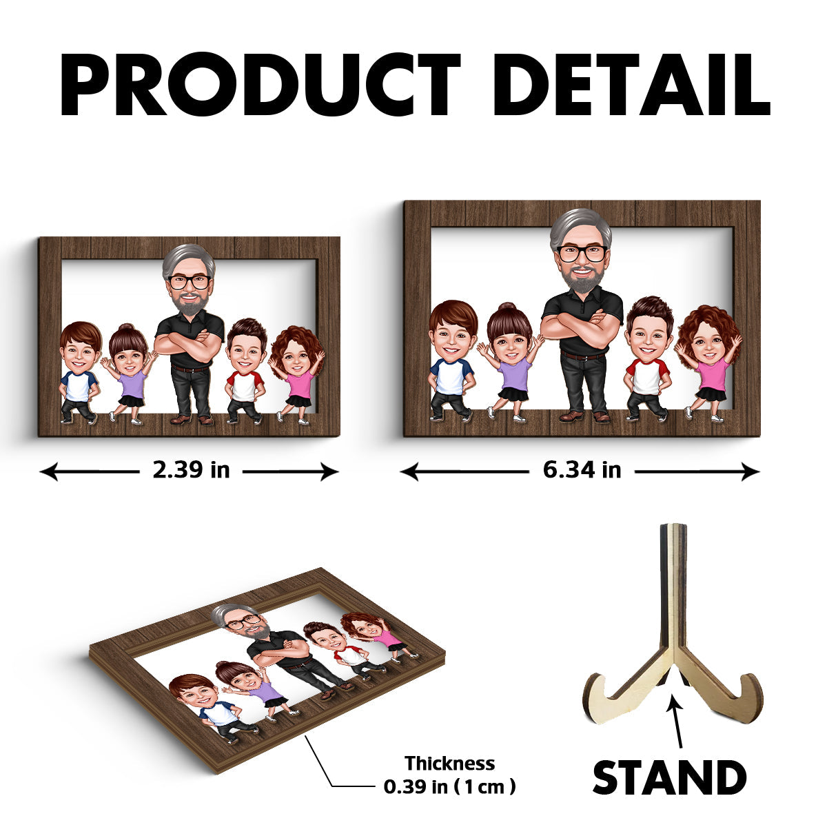 Dad Grandpa Kids Caricature Frame Personalized 2-Layer Wooden Plaque,  Gift For Dad, For Husband, For Him