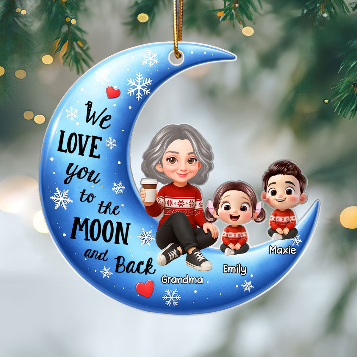 Cute Grandma Grandkids Sitting on Moon Personalized Acrylic Ornament, Christmas Gift for Grandma, Granddaughter, Grandson