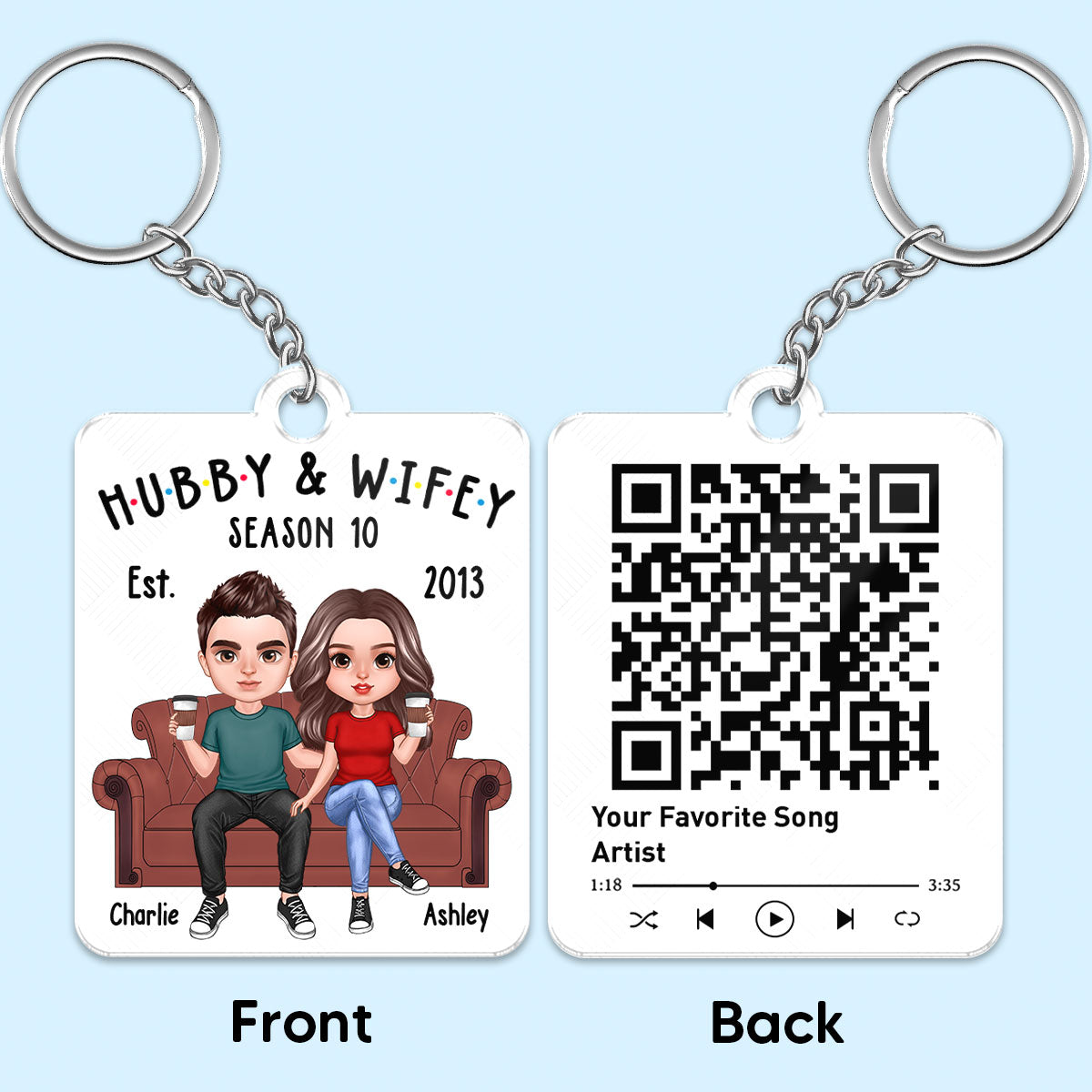 Hubby And Wifey Realistic Couple On Sofa Favorite Song Scannable QR Code Personalized Acrylic Keychain