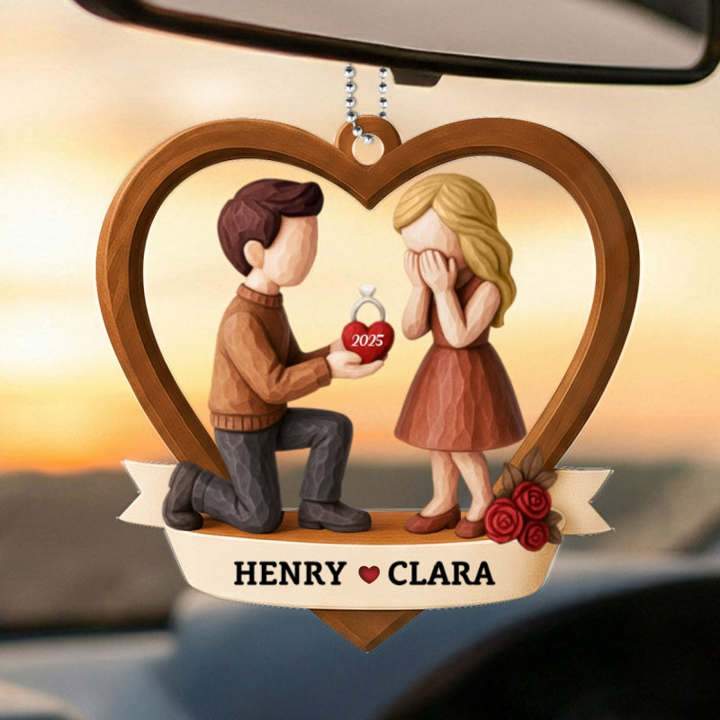Couple Marriage Proposal 3D Wooden Effect - Personalized Acrylic Car Hanger - Newly Engaged Gift, ""She Said Yes!""