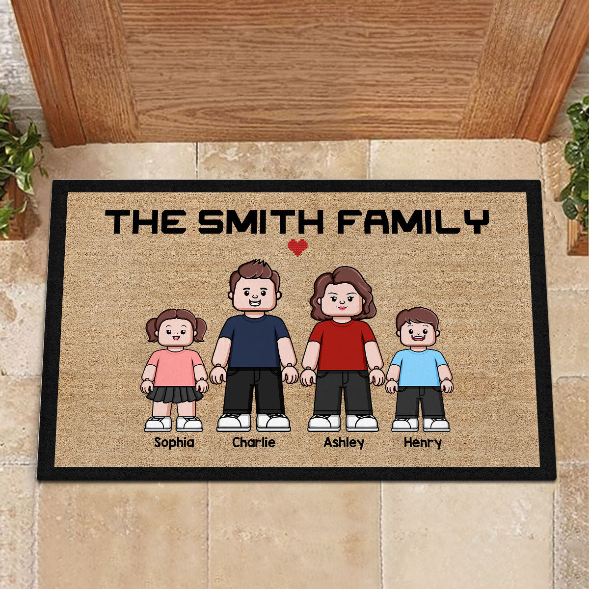 Family Dad Mom Kids Block Characters Personalized Doormat