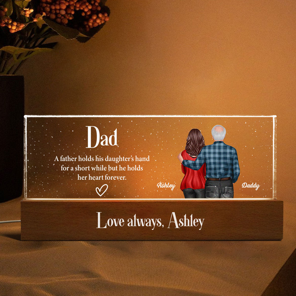 Father Daughter, Son Standing Back View Personalized Acrylic LED Night Light, Unique Father's Day Gift for Dad