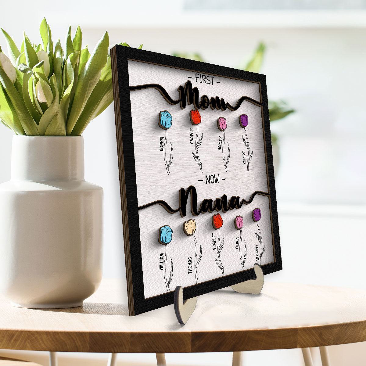 First Mom Now Grandma Tulip Flowers Gift For Grandma Personalized 2-Layer Wooden Plaque