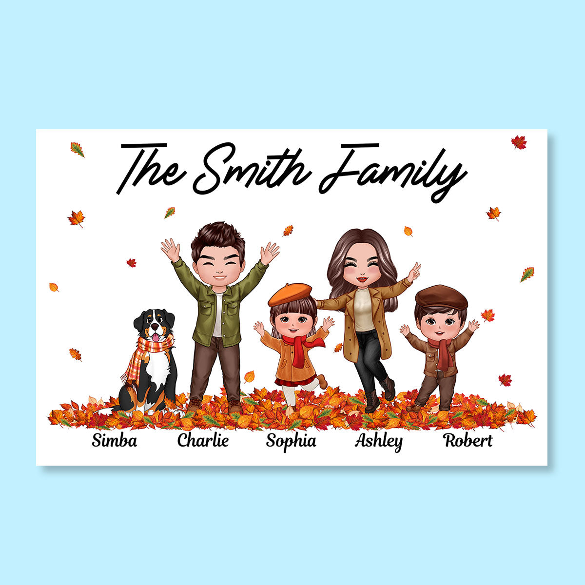 Fall Season Happy Whole Doll Family Dad Mom Kids Dogs Cats Playing With Autumn Leaves Pile Personalized Horizontal Poster