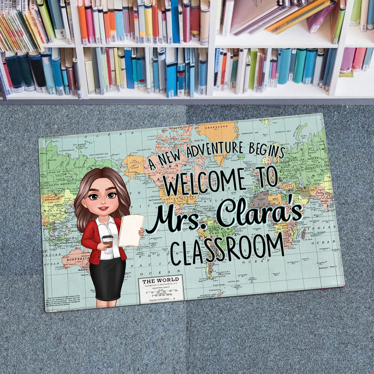 World Map Adventure Themed Welcome To Classroom Personalized Doormat, Gift For Teacher, Classroom Decor