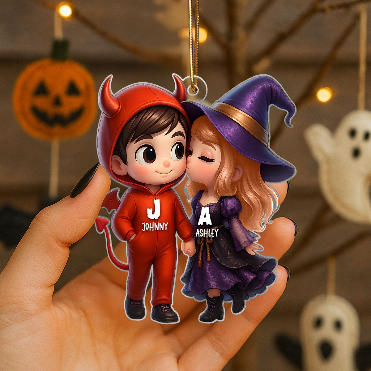 Cute Cartoon Halloween Couple Personalized Acrylic Ornament,Halloween Tree Decoration