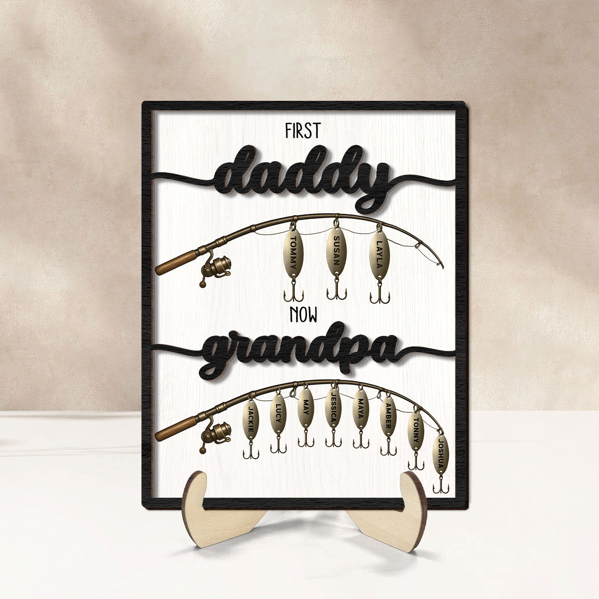 First Dad Now Grandpa Fishing Lures With Kids' Names Personalized 2-Layered Wooden Plaque,  Gift For Husband, For Dad, For Grandpa