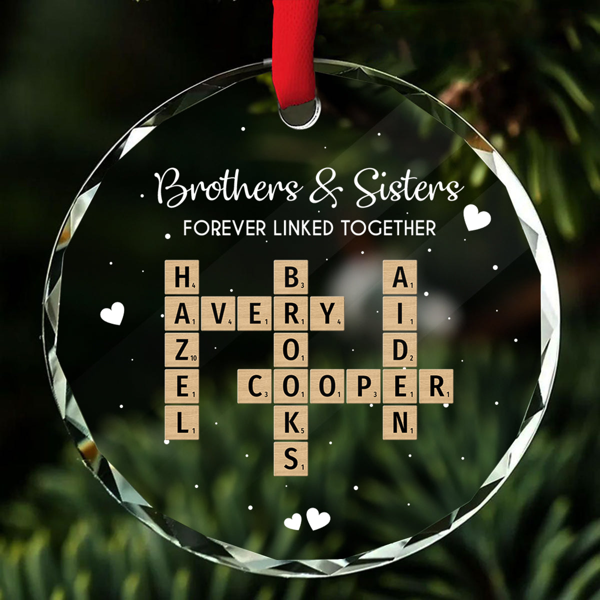 Brothers Sisters Siblings Forever Linked Together Crossword Puzzle Art - Personalized Glass Ornament - Gift For Siblings