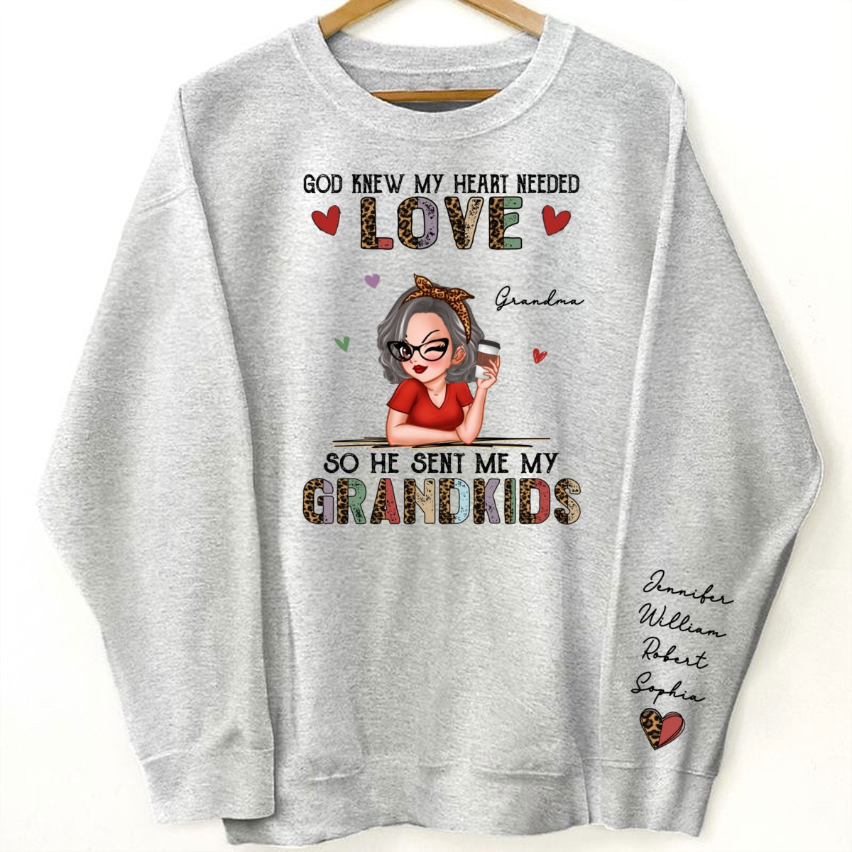 Colorful Half Leopard Love Grandkids Personalized Sleeve Printed Sweatshirt