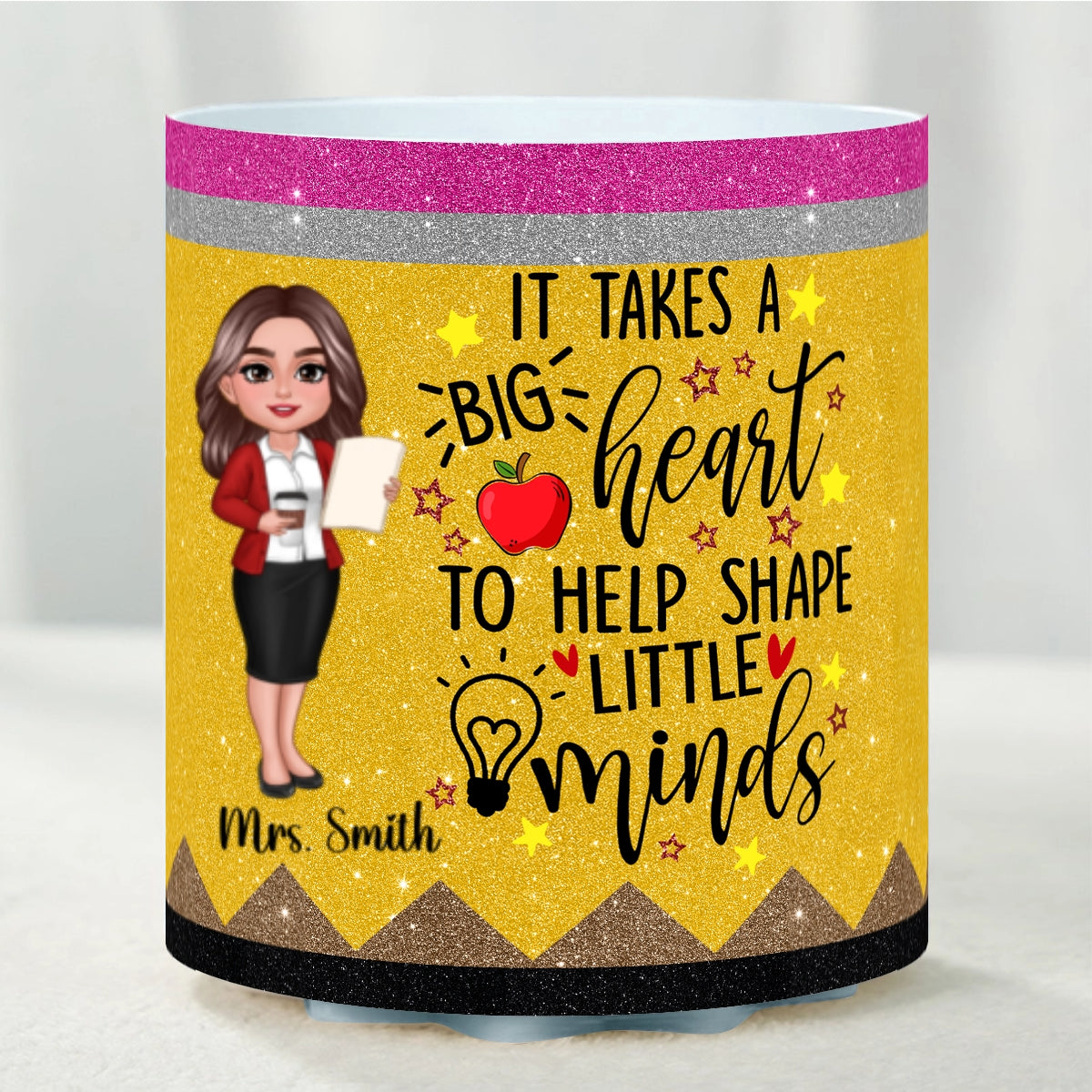It Takes A Big Heart to Help Shape Little Minds Personalized Rotating Pen Holder, Teacher Appreciation Gift, Back To School Gift