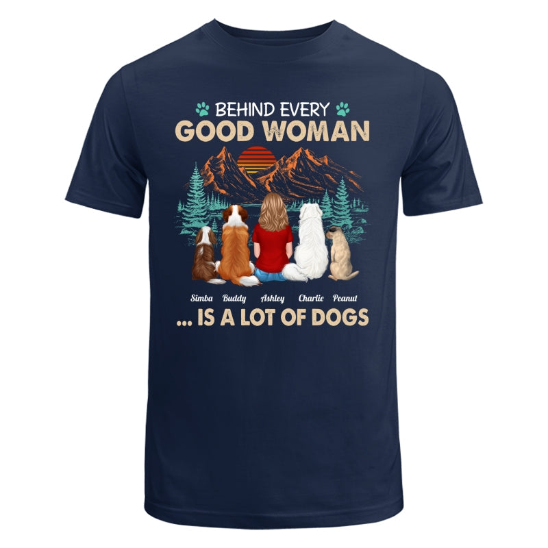 Behind Good Woman Is A Lot Of Dogs Back View Woman Sitting With Dogs Retro Pine Forest Personalized Shirt