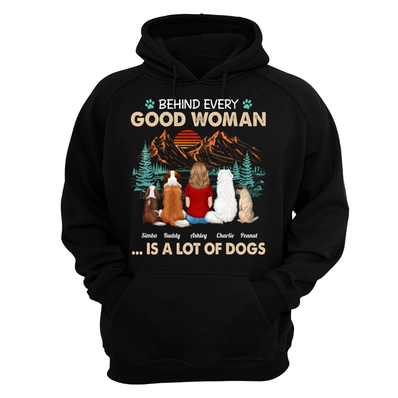 Behind Good Woman Is A Lot Of Dogs Back View Woman Sitting With Dogs Retro Pine Forest Personalized Shirt