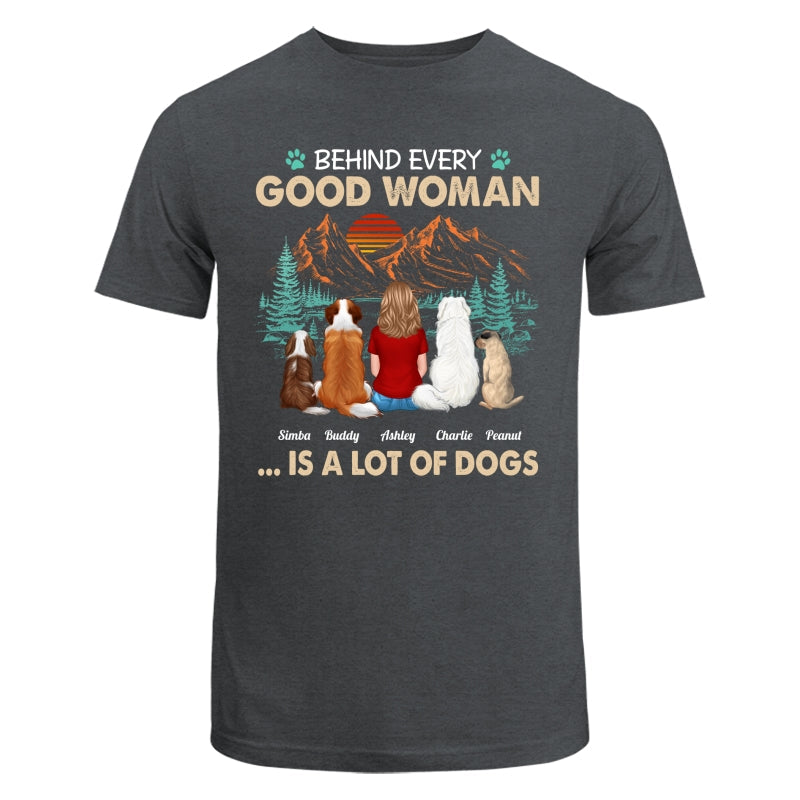 Behind Good Woman Is A Lot Of Dogs Back View Woman Sitting With Dogs Retro Pine Forest Personalized Shirt