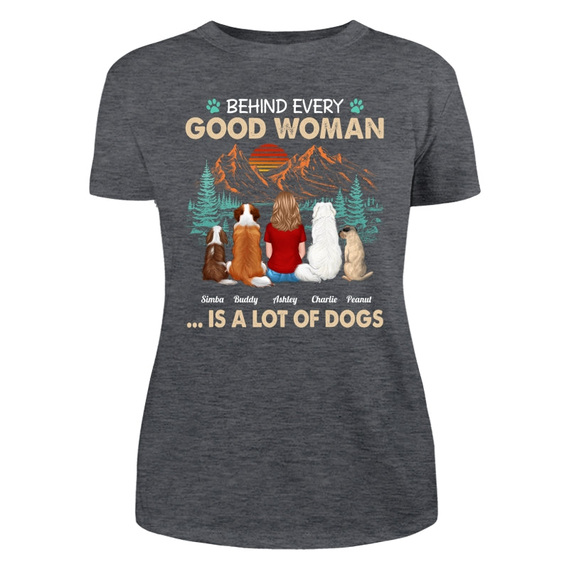 Behind Good Woman Is A Lot Of Dogs Back View Woman Sitting With Dogs Retro Pine Forest Personalized Shirt
