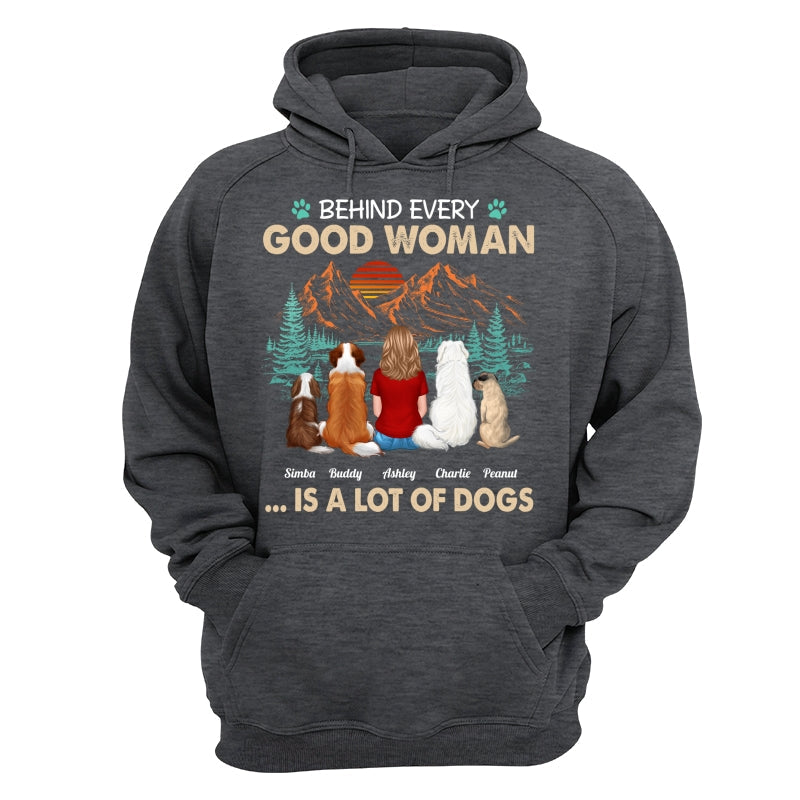 Behind Good Woman Is A Lot Of Dogs Back View Woman Sitting With Dogs Retro Pine Forest Personalized Shirt