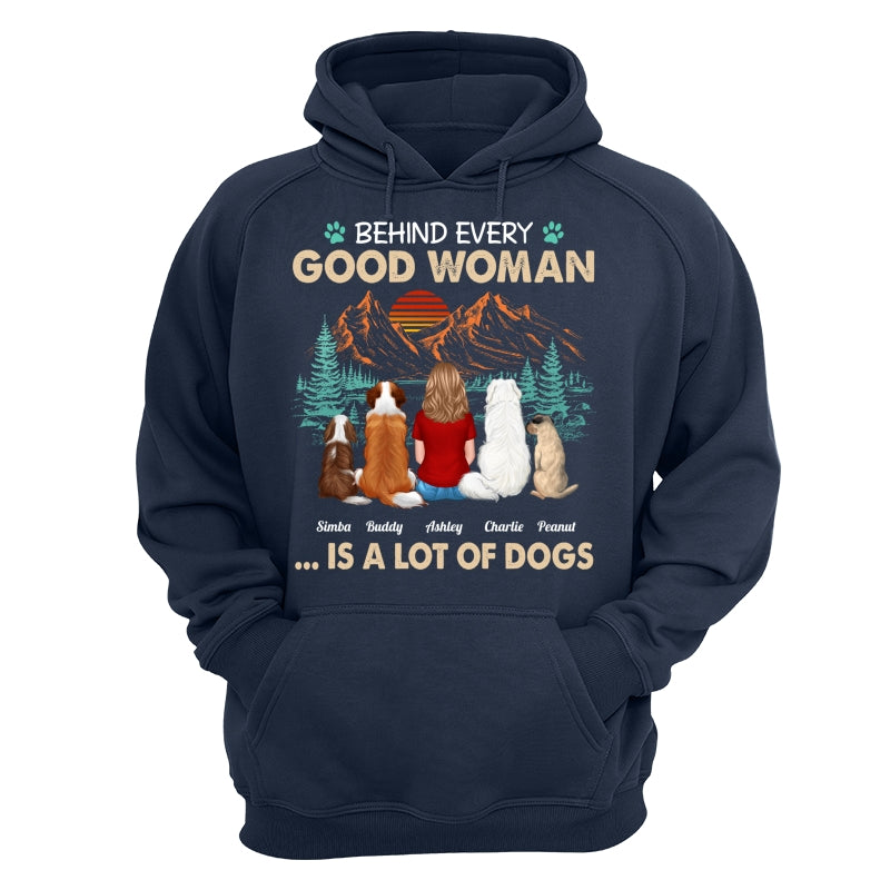 Behind Good Woman Is A Lot Of Dogs Back View Woman Sitting With Dogs Retro Pine Forest Personalized Shirt