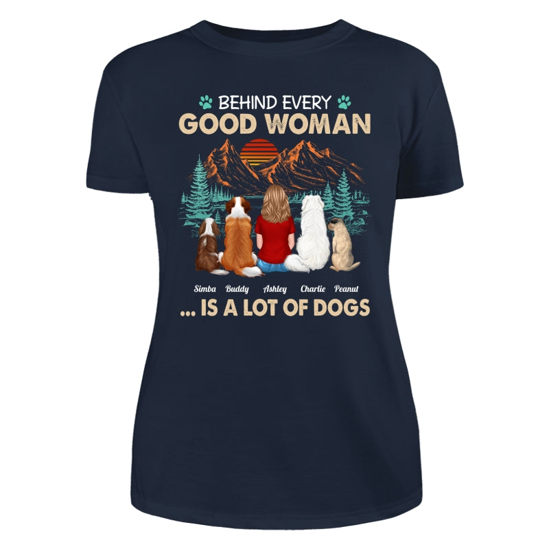Behind Good Woman Is A Lot Of Dogs Back View Woman Sitting With Dogs Retro Pine Forest Personalized Shirt