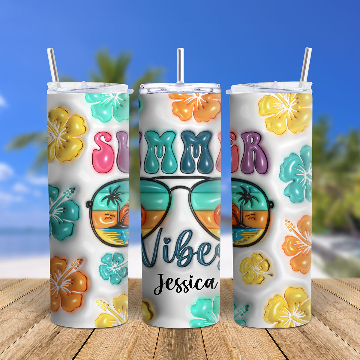 3D Summer Vibes Inflated Tumbler Wrap, 3D Tropical Summer Flower, Personalized Tumbler