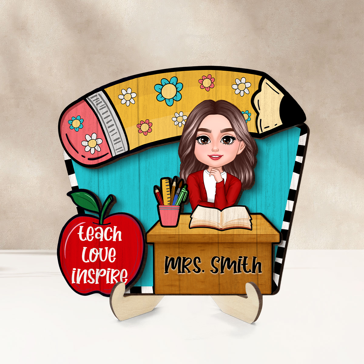 Doll Teacher Sitting At Table Personalized 2-Layer Wooden Plaque, Back to school gift