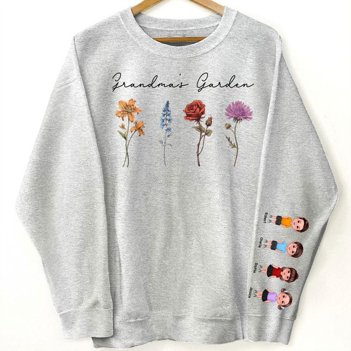 Grandma's Garden Kids On Sleeve, Custom Birthflower Sweatshirt, Gift for Grandma, Love Grows Here, Mom's Garden, Gift, Personalized Sleeve Printed Sweatshirt