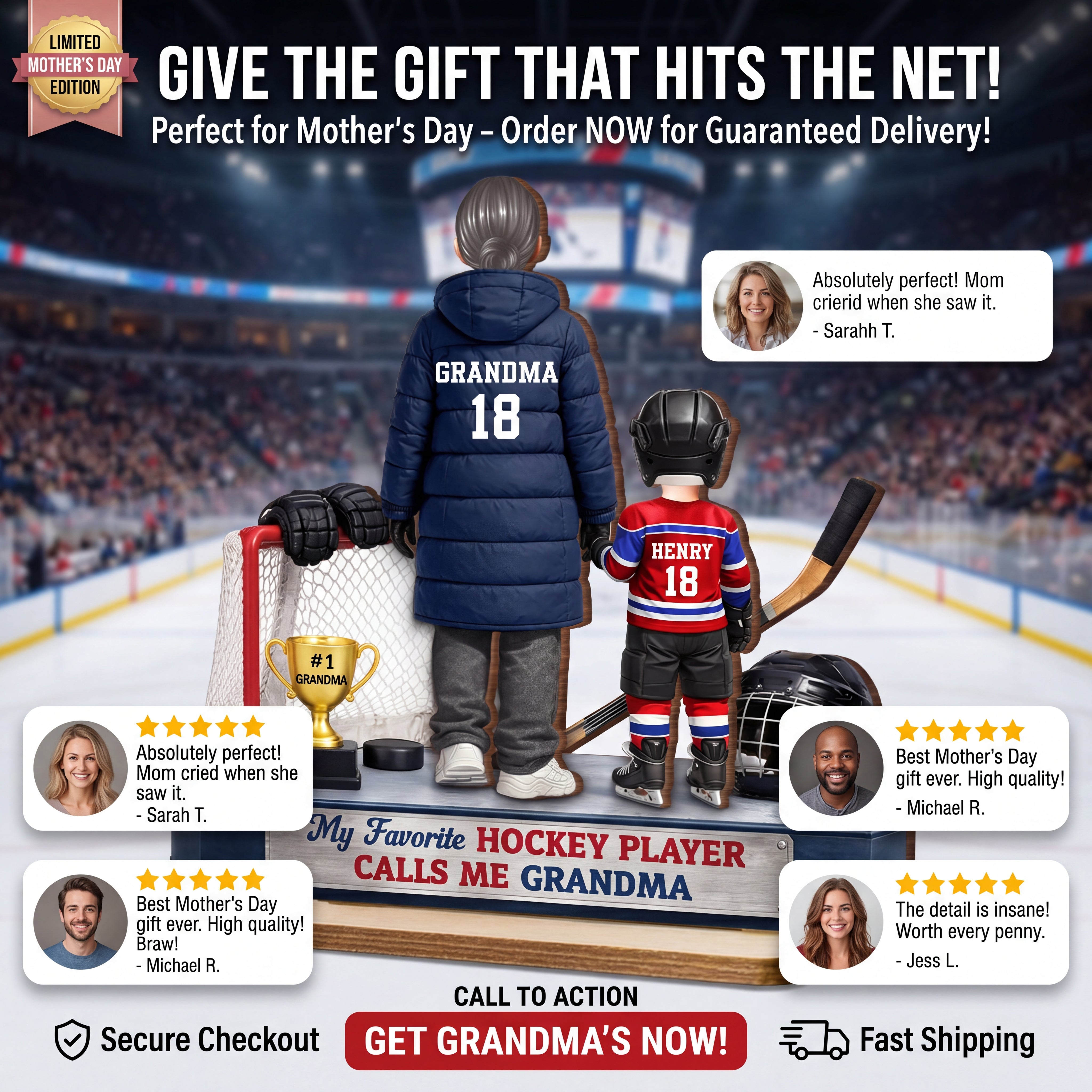 Grandma Hockey And Grandkids - Personalized 2-Layered Wooden Plaque - Heartfelt Gift For Grandma