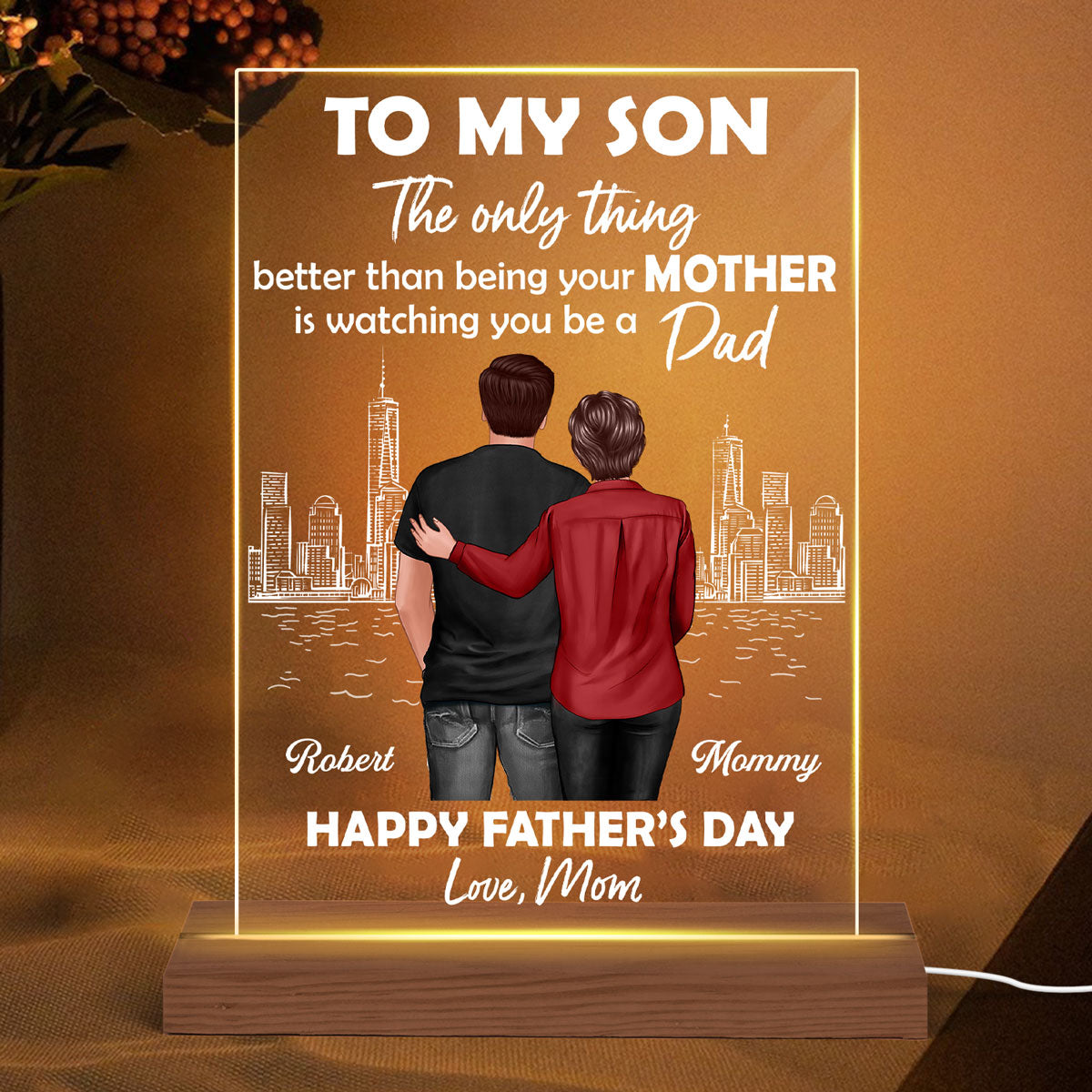 Skyline To My Son From Mom Happy Father‘s Day Back View Personalized Rectangle Acrylic LED Night Light